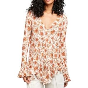 Free People Olivia Floral Long Sleeve Tunic Ivory Rust‎ Small Boho Cottagecore
